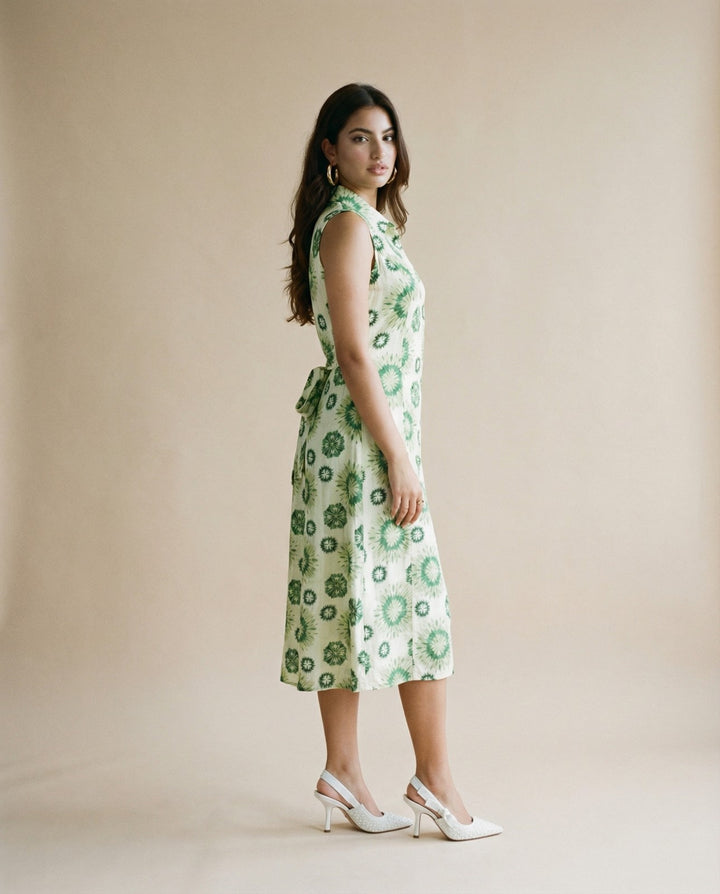 White and Green Printed Linen Blended Midi Dress