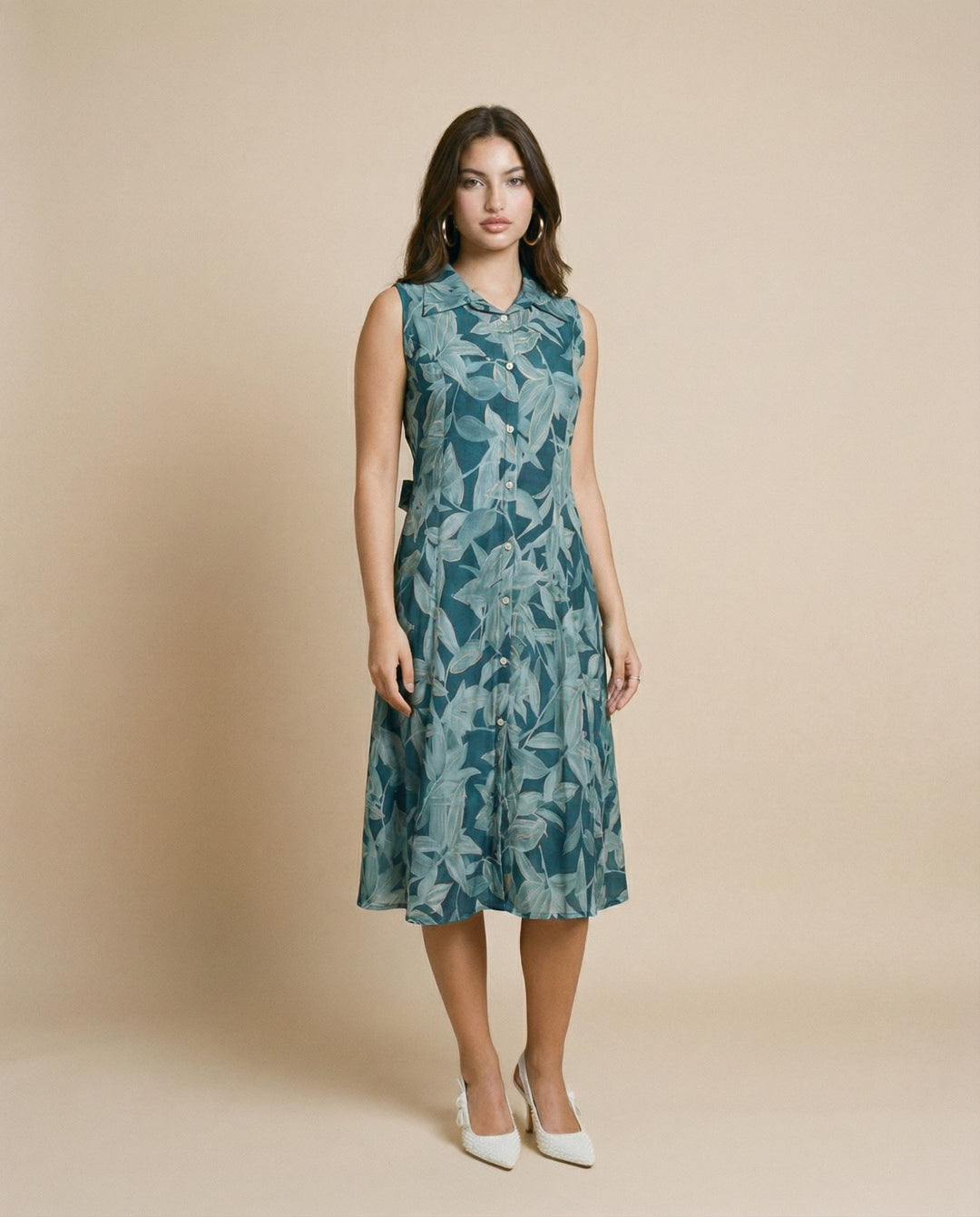 Teal Printed Viscose Blended Midi Dress