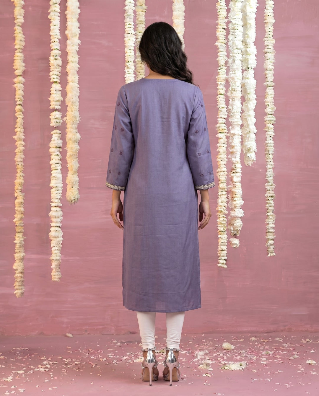 Purple Embroidered Viscose Blended Straight cut Long Kurta