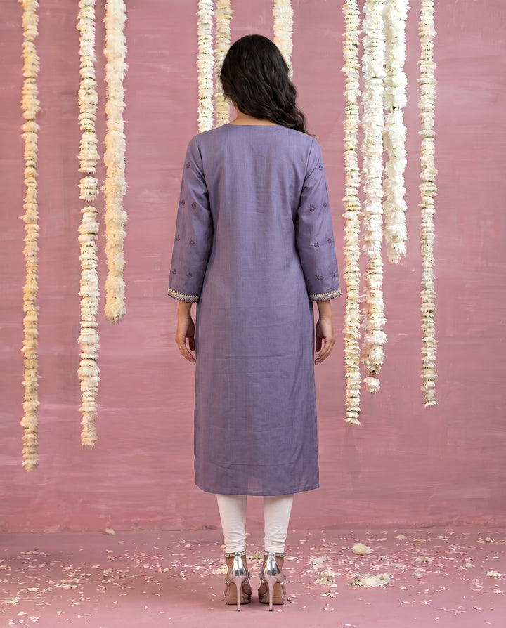 Purple Embroidered Viscose Blended Straight cut Long Kurta
