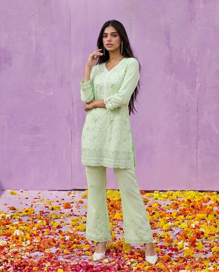 Lime Green Embriodered Cotton Satin Co-Ord Set