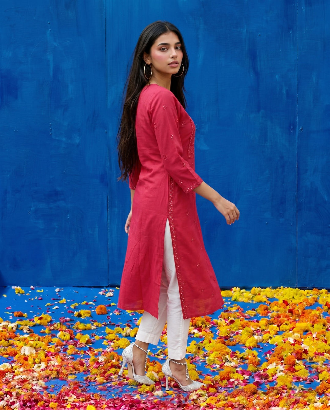 Magenta Embroidered Viscose Blended Straight cut Long Kurta