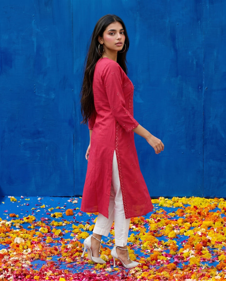 Magenta Embroidered Viscose Blended Straight cut Long Kurta