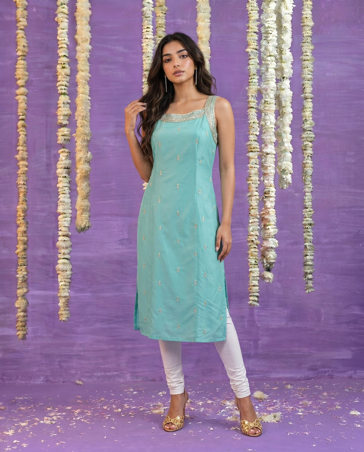Turquoise Embroidered Viscose Blended Sleeveless Straight cut Long Kurta