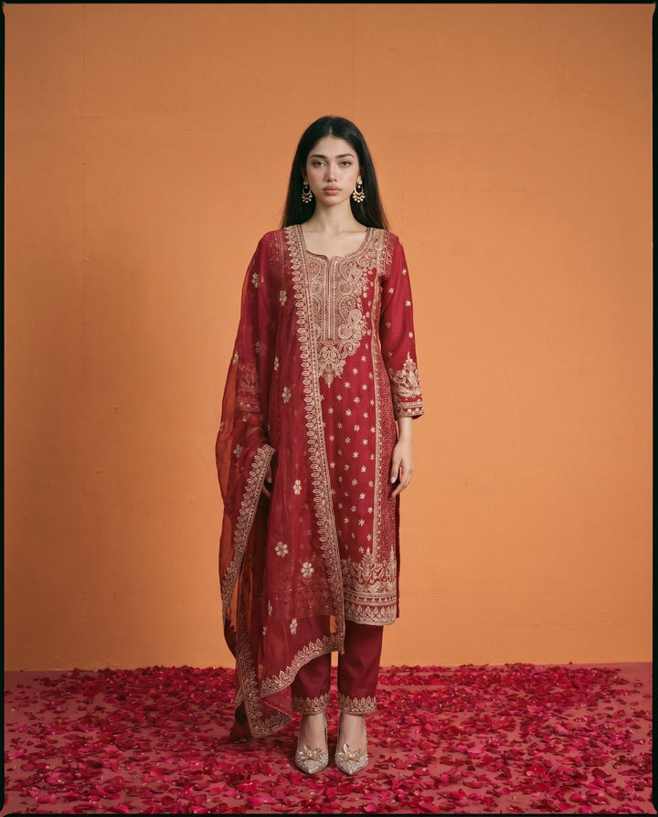 Magenta Embriodered Viscose Blended Kurta Bottom Dupatta Set