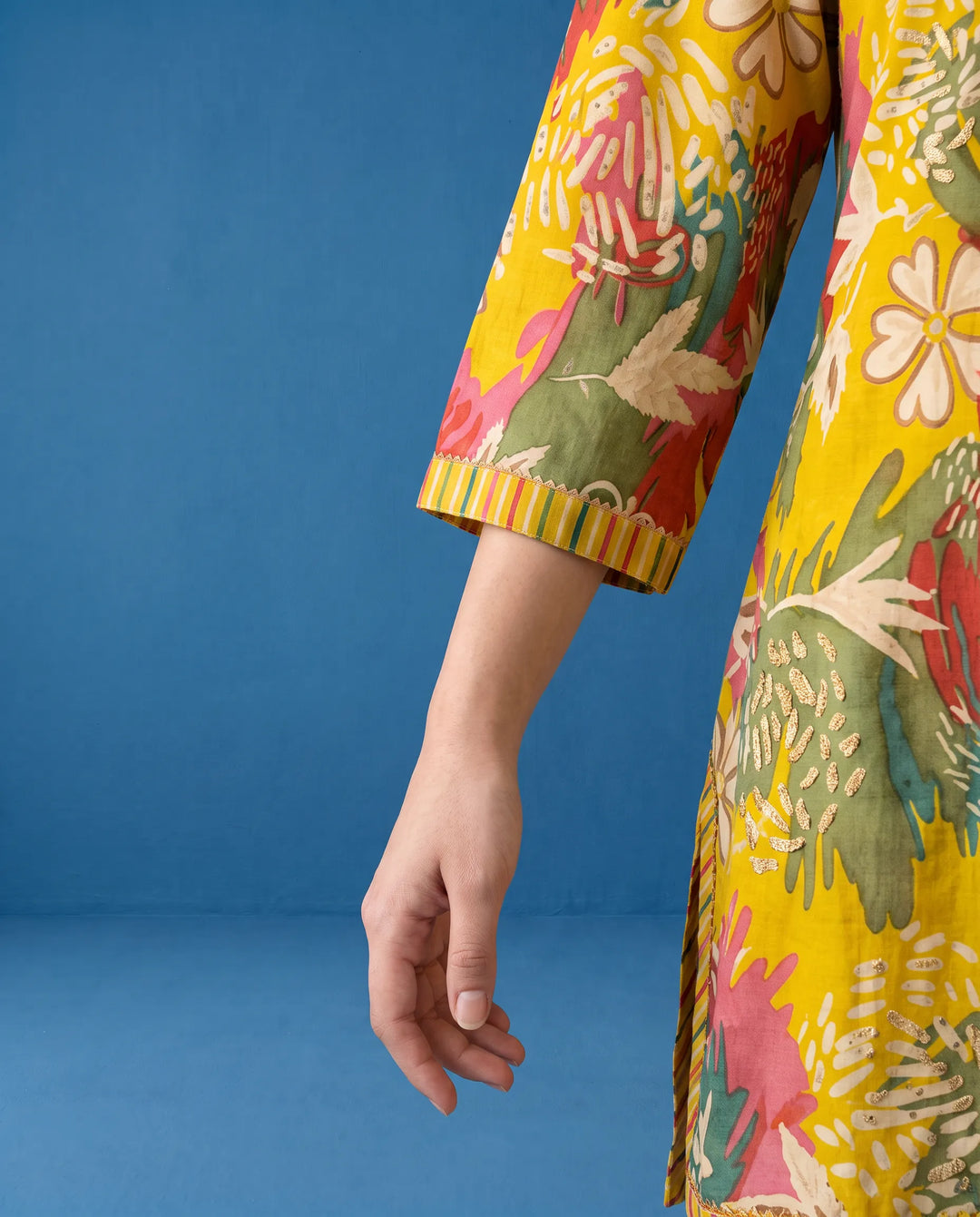 Yellow Printed Viscose Blended Short Kurti