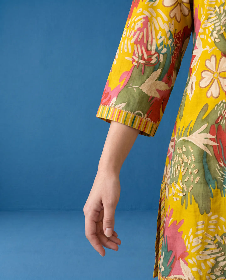 Yellow Printed Viscose Blended Short Kurti