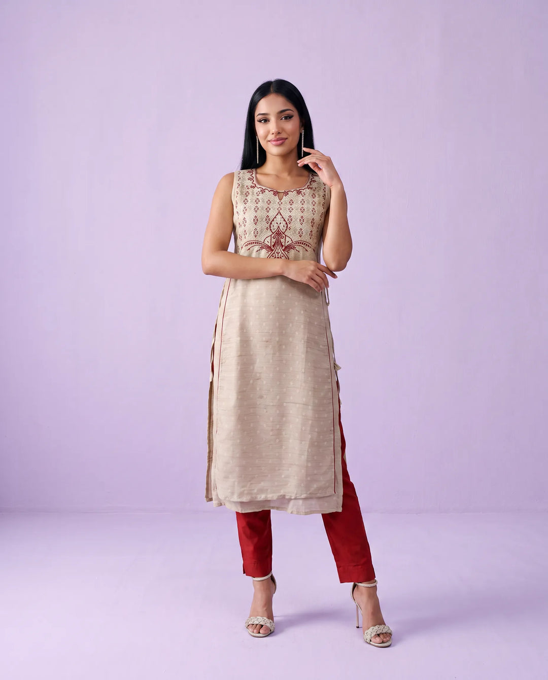 Beige Embroidered Cotton Straight cut Sleeveless Long Kurta