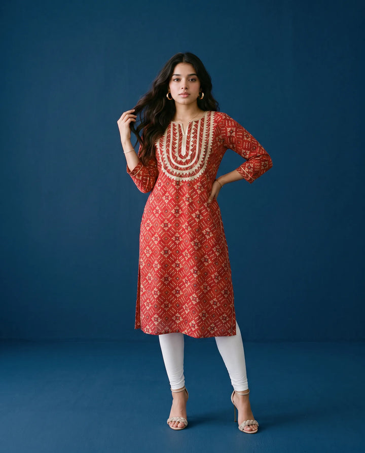 Maroon Printed Viscose Blended Straight cut Long Kurta