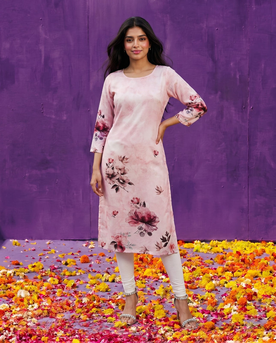 Pink Printed Crepe Silk Straight cut Long Kurta