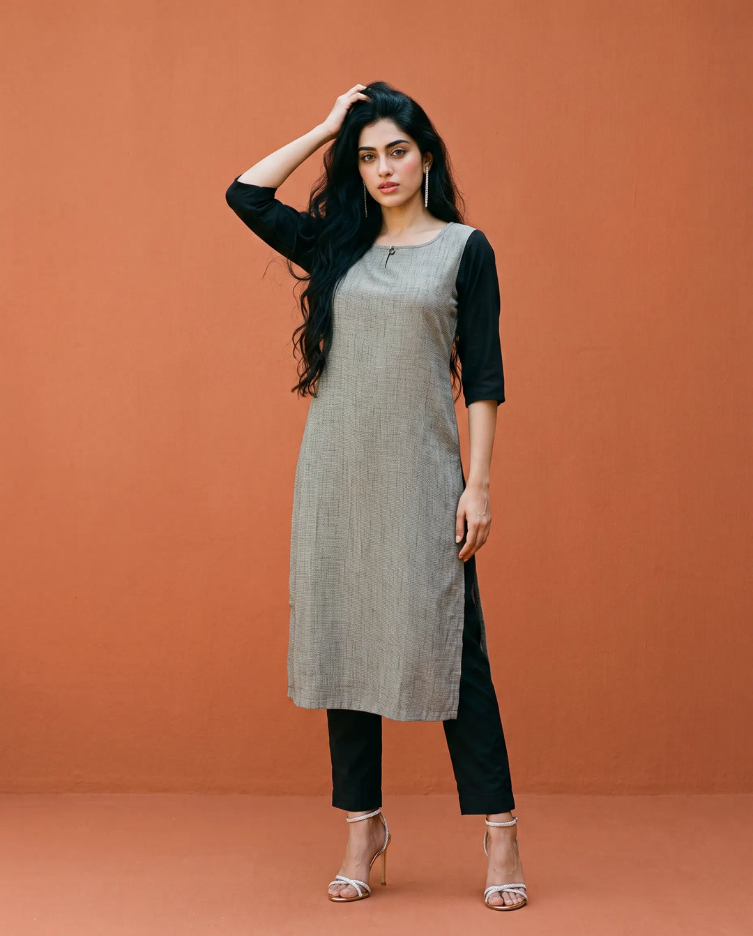 Grey Printed Rayon Straight cut Long Kurta