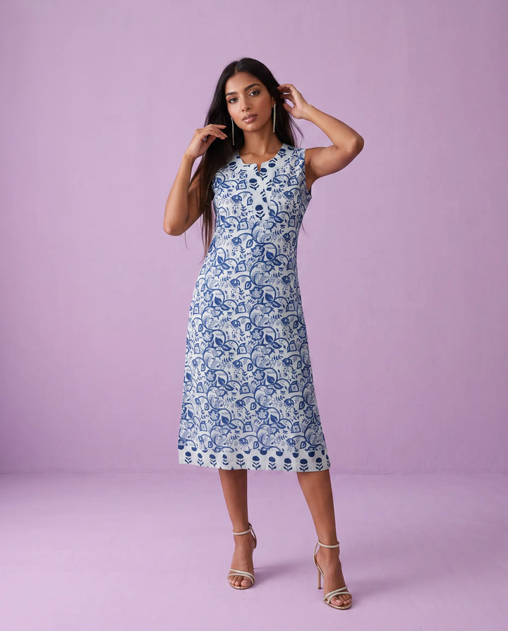 Blue Printed Pure Cotton Hand-Block Printed Midi Dress