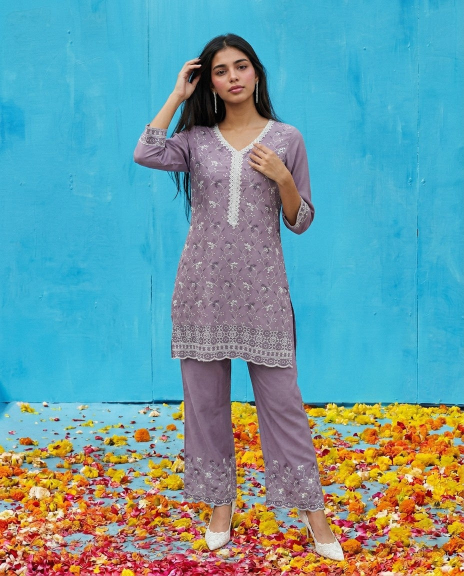 Purple Embriodered Cotton Satin Co-Ord Set