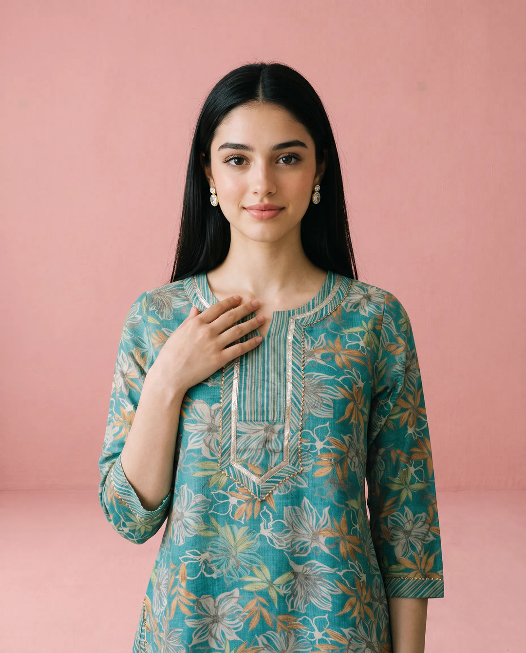 Turquoise Printed Cotton Blended Short Kurti