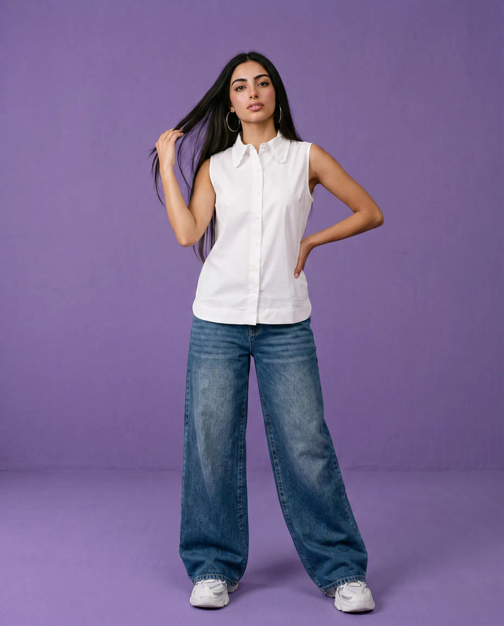 White Solid Cotton Satin Sleeveless Top