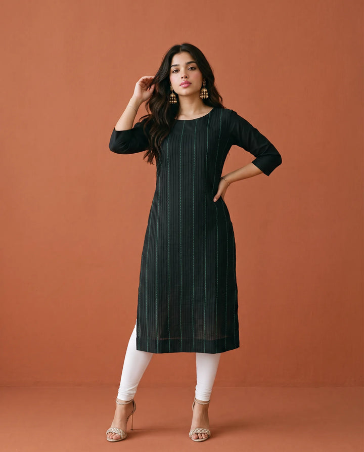 Black Embroidered Cotton Straight cut Long Kurta