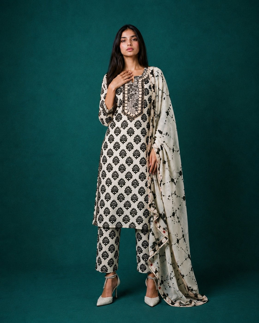 White Printed Cotton Kurta Bottom Dupatta Set