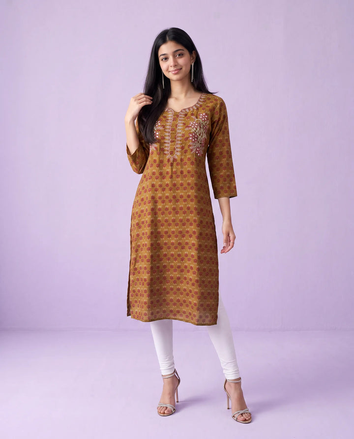Brown Embroidered Viscose Blended Straight cut Long Kurta