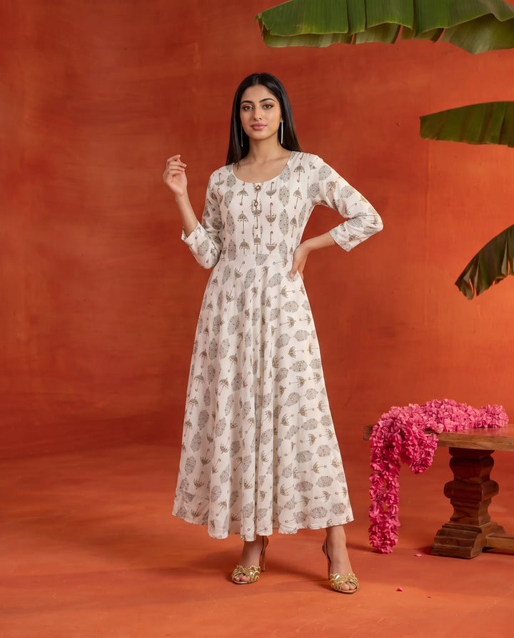 White Printed Rayon Maxi Dress