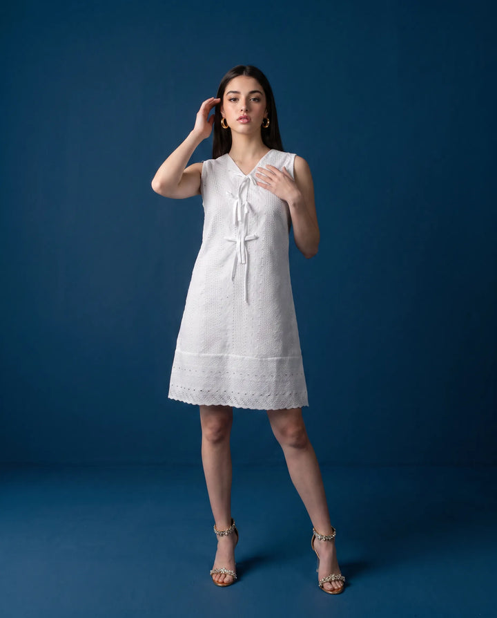White Embroidered Korean Style Cotton Midi Dress