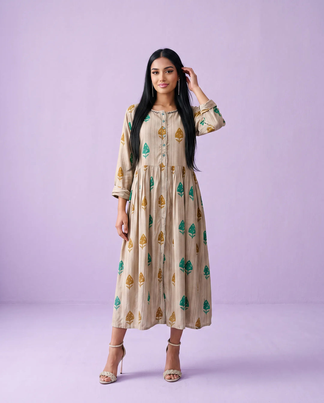 Beige Printed Cotton Maxi Dress