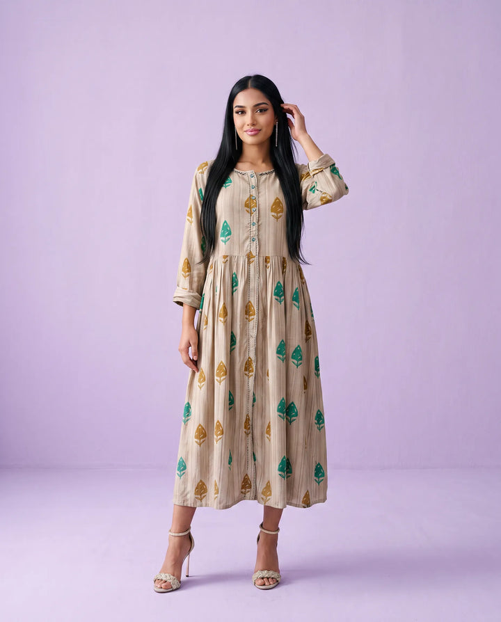 Beige Printed Cotton Maxi Dress