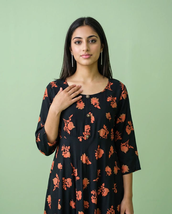 Black Printed Rayon Maxi Dress