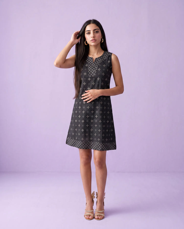 Black Printed Cotton Midi Dress