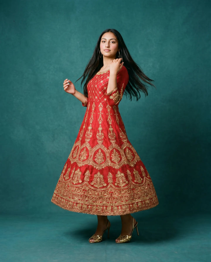 Red Embriodered Silk Blended Maxi Dress