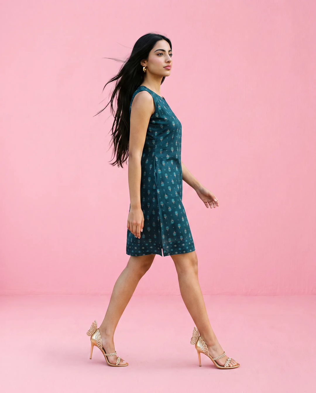 Blue Printed Cotton Midi Dress
