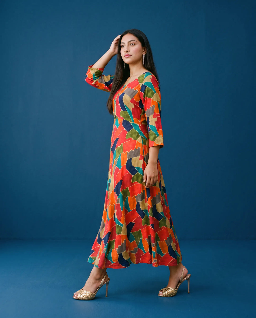 Multi Colour Printed Rayon Maxi Dress