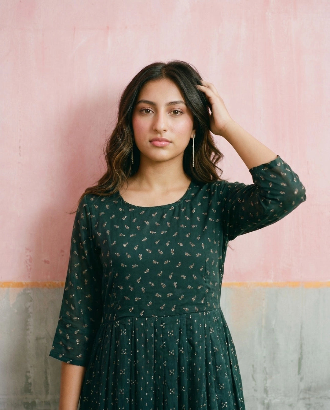Bottle Green Printed Georgette Maxi Dress