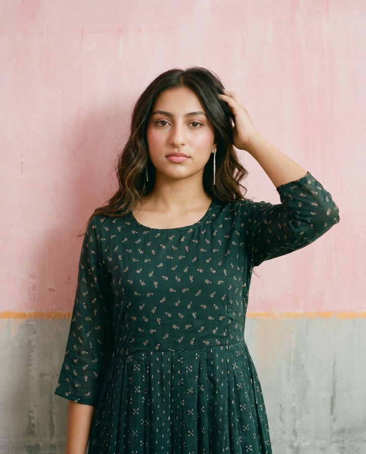 Bottle Green Printed Georgette Maxi Dress