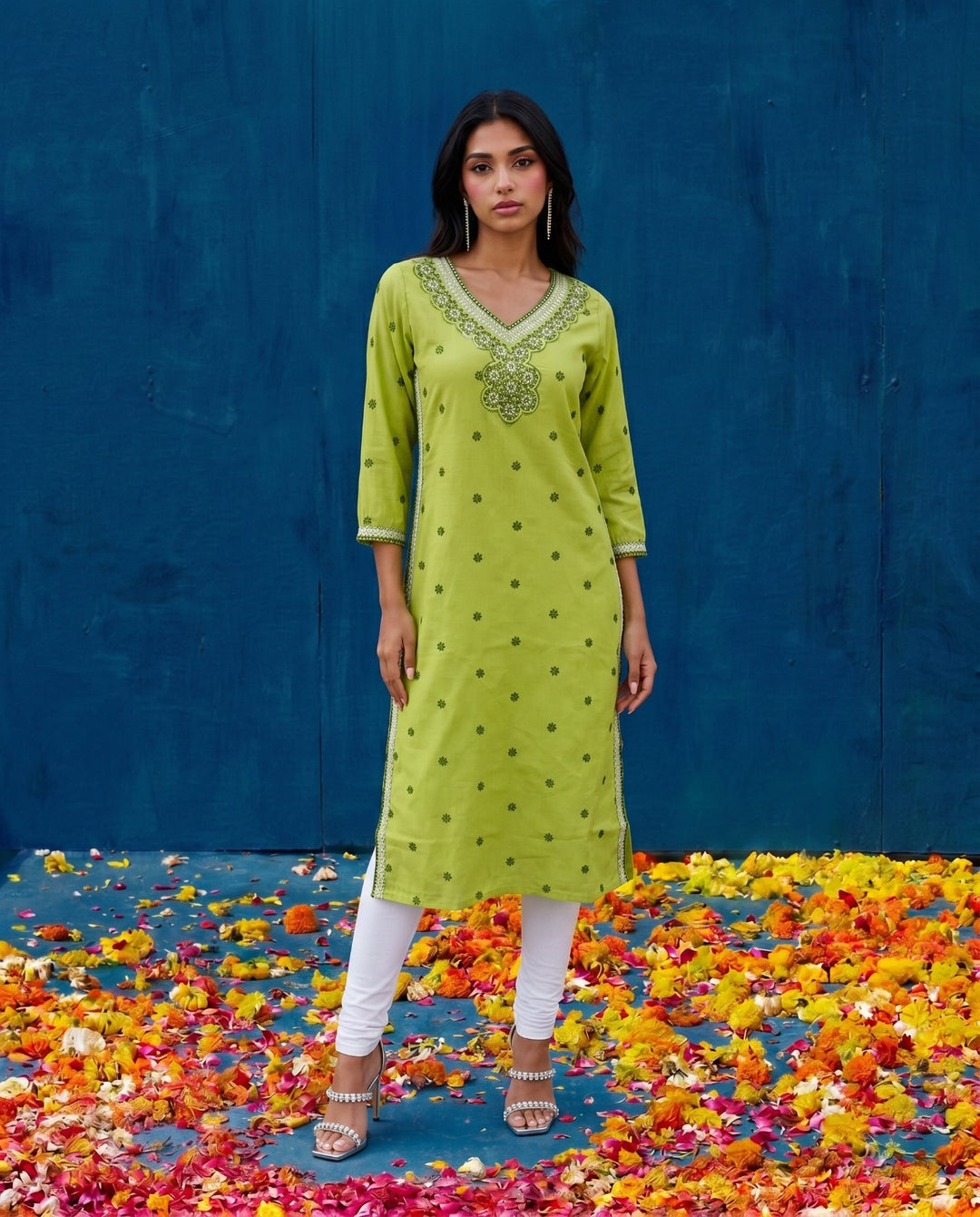 Green Embroidered Viscose Blended Straight cut Long Kurta