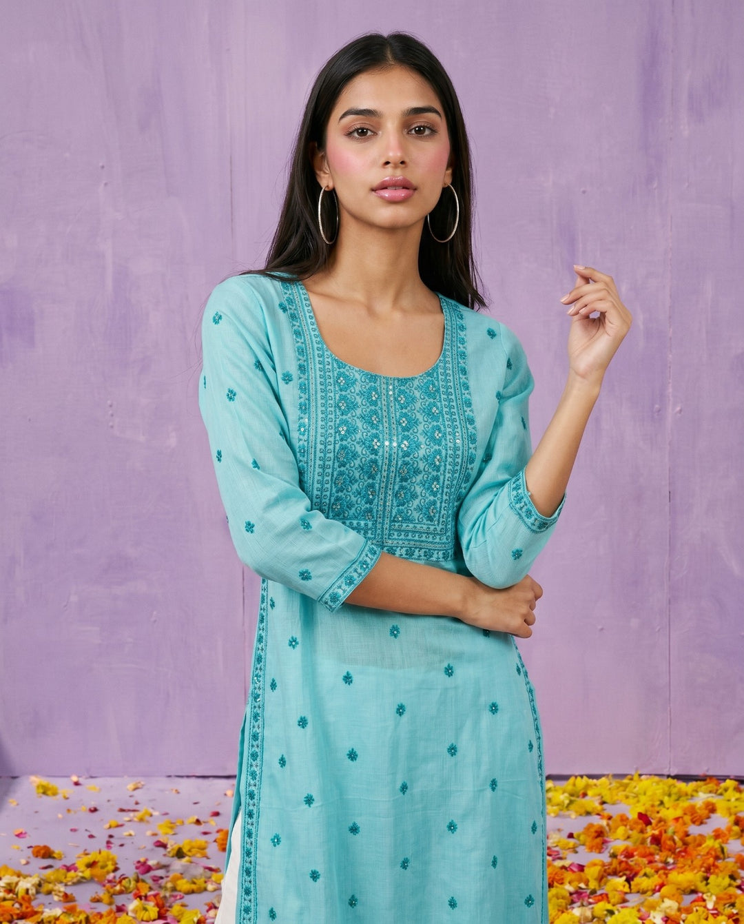Sky Blue Embroidered Viscose Blended Straight cut Long Kurta