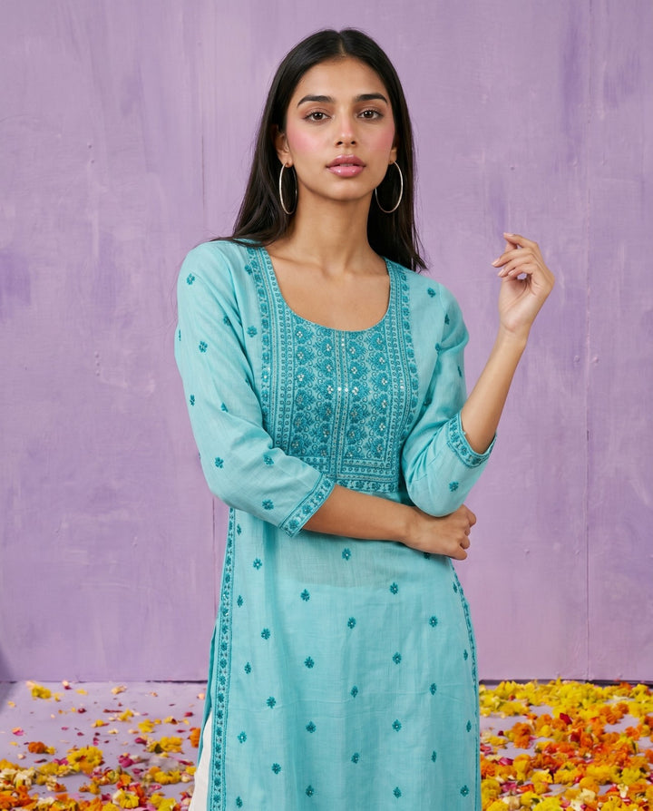 Sky Blue Embroidered Viscose Blended Straight cut Long Kurta