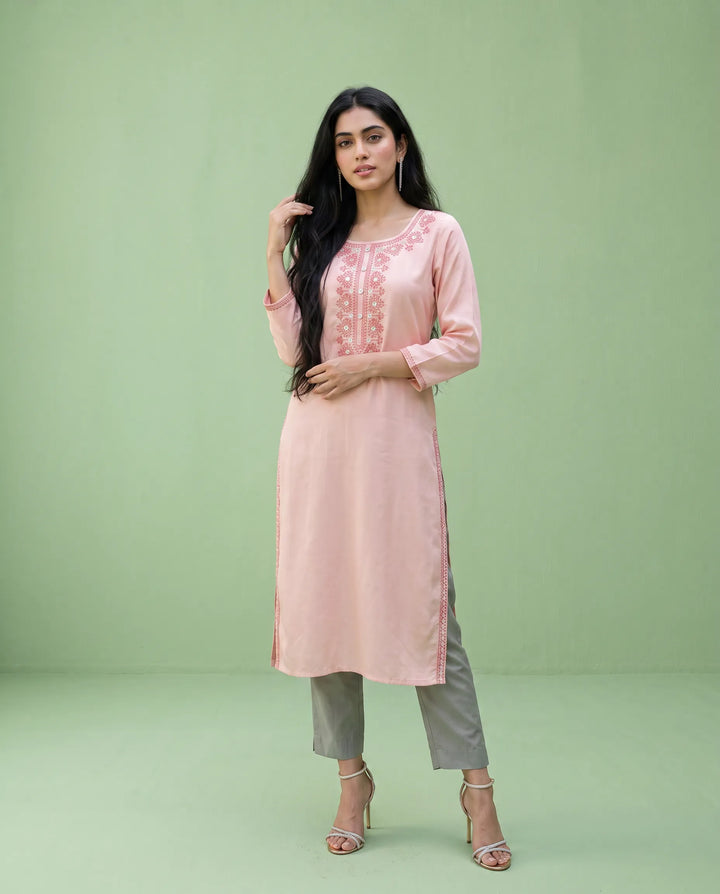Peach Embroidered Rayon Straight cut Long Kurta