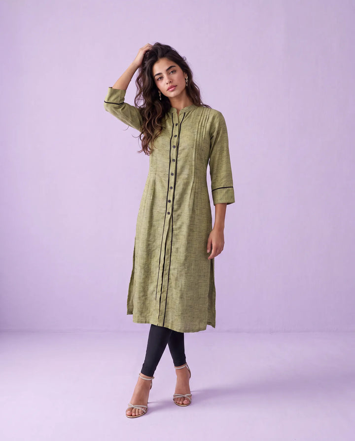 Olive Solid Rayon Blended Straight cut Long Kurta