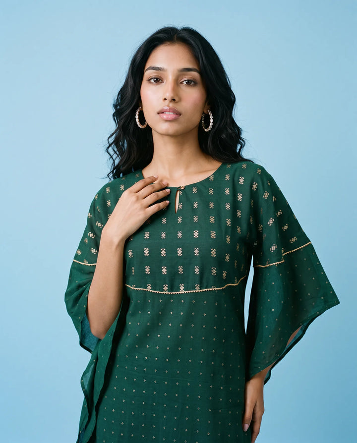 Green Printed Viscose Blended Kaftan