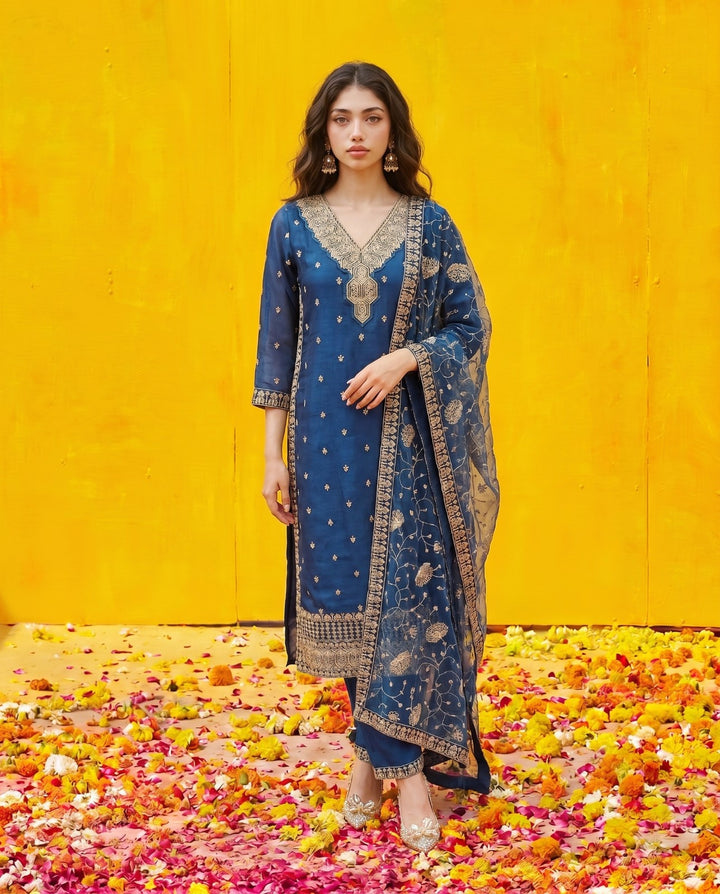 Blue Embriodered Silk Blended Kurta Bottom Dupatta Set