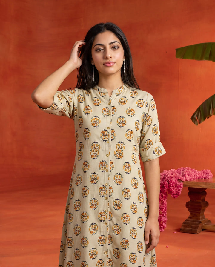 Beige Printed Rayon Maxi Dress