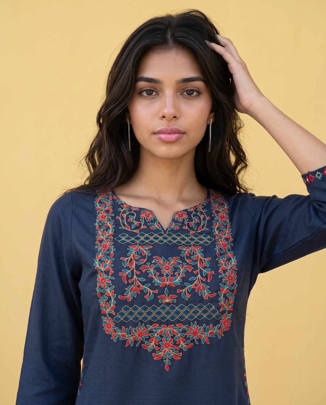 Navy Embroidered Viscose Blended Straight cut Long Kurta