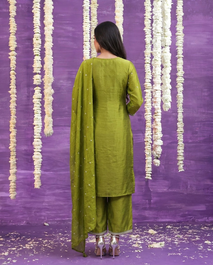 Olive Embriodered Silk Blended Kurta Bottom Dupatta Set