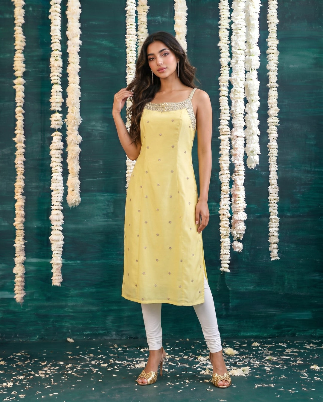 Yellow Embroidered Viscose Blended Spaghetti Strap Straight Cut Long Kurta
