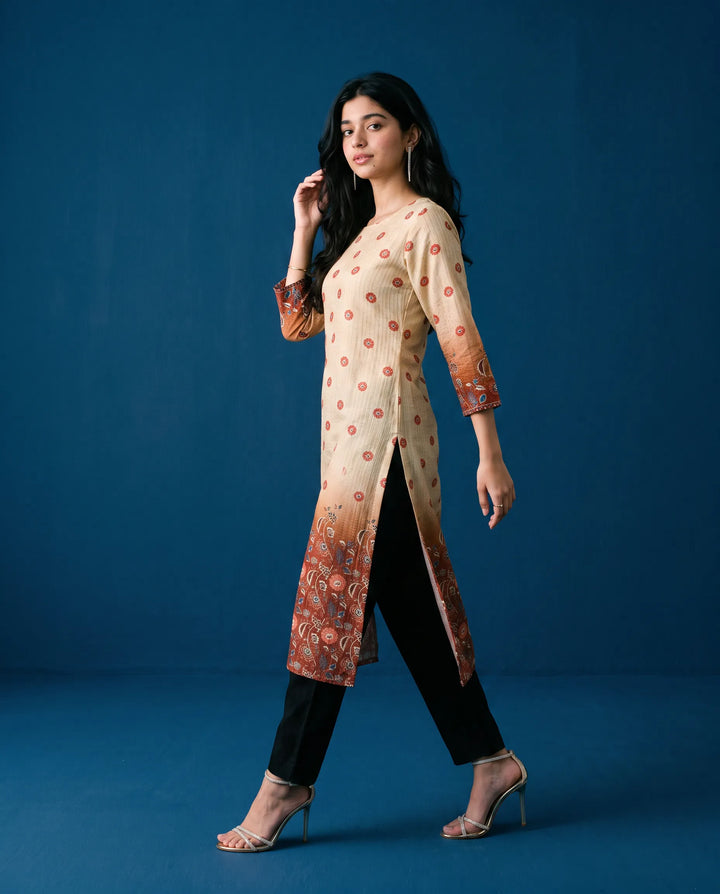 Beige Printed Viscose Blended Straight Cut Long Kurta