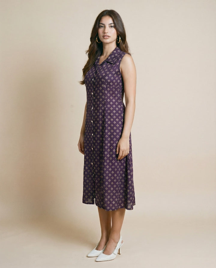 Purple Printed Viscose Blended Midi Dress