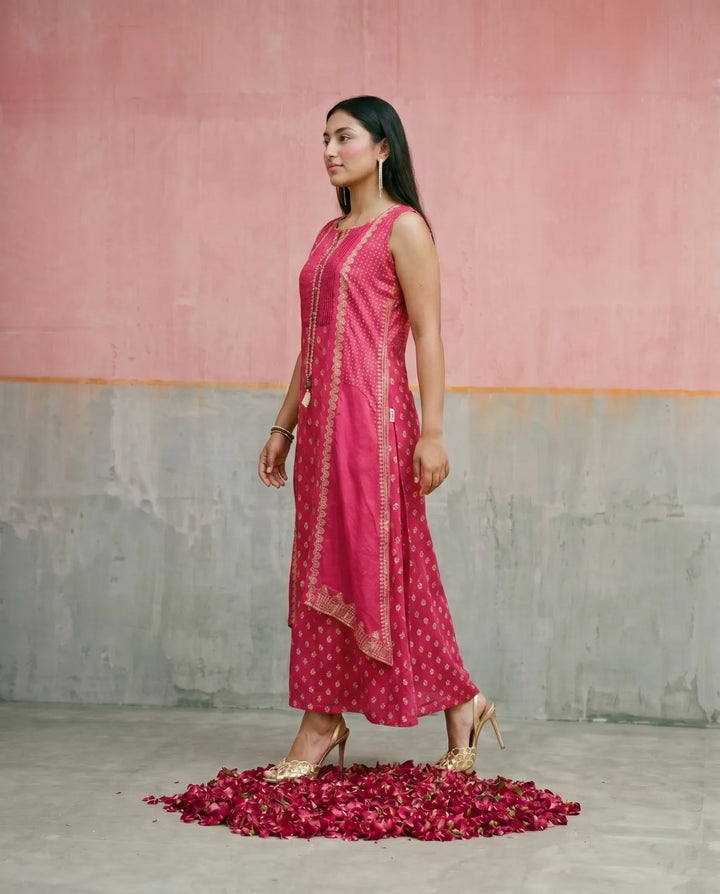 Pink Printed Rayon Sleeveless Maxi Dress