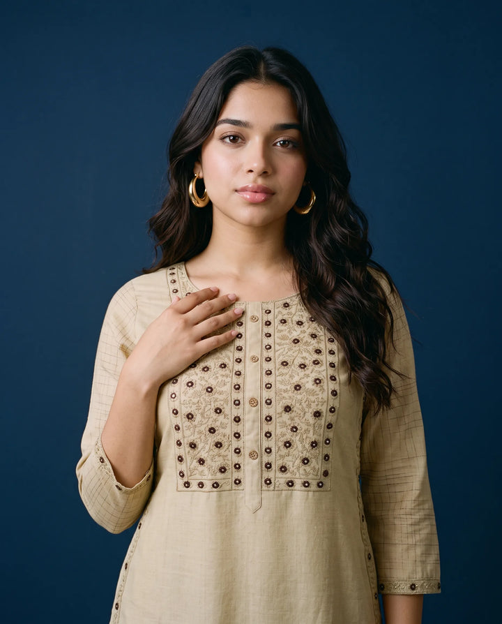 Beige Embroidered Cotton Straight cut Long Kurta