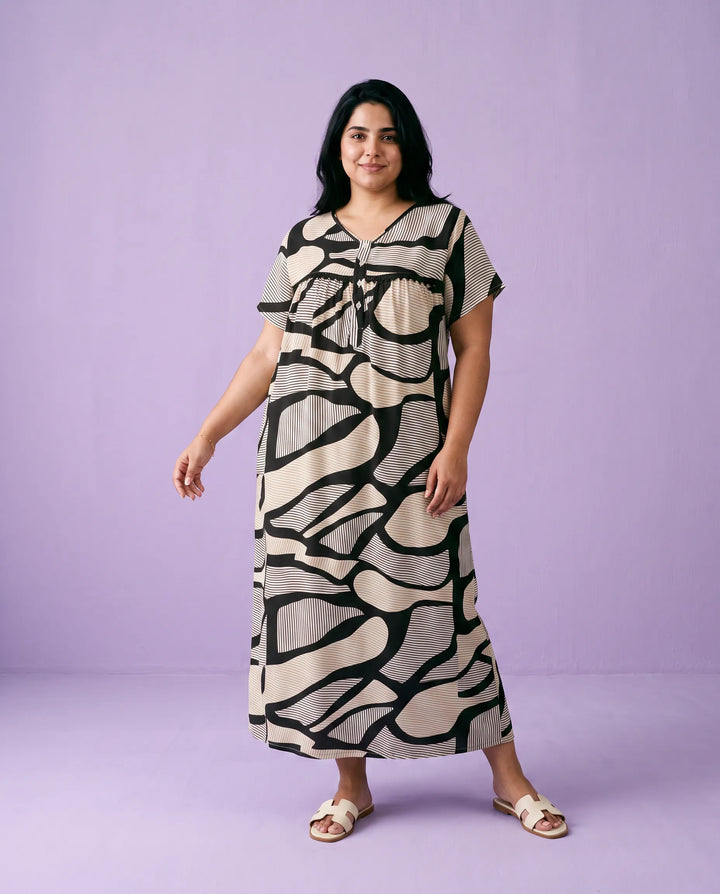 Black Printed Super Soft Rayon Night Dress / Home Wear