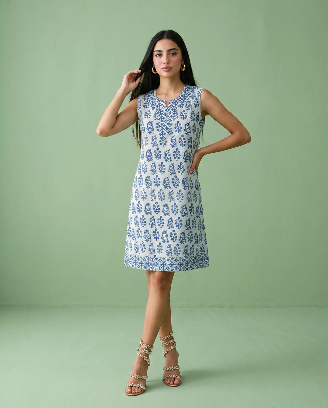 Blue Printed Pure Cotton Hand-Block Printed Midi Dress